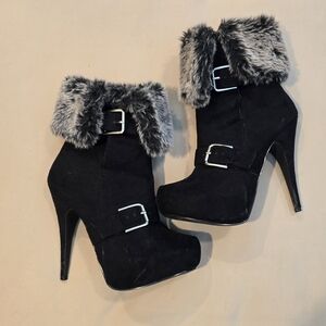 Shoe Dazzle Black Fur-Trimmed Heeled Boots